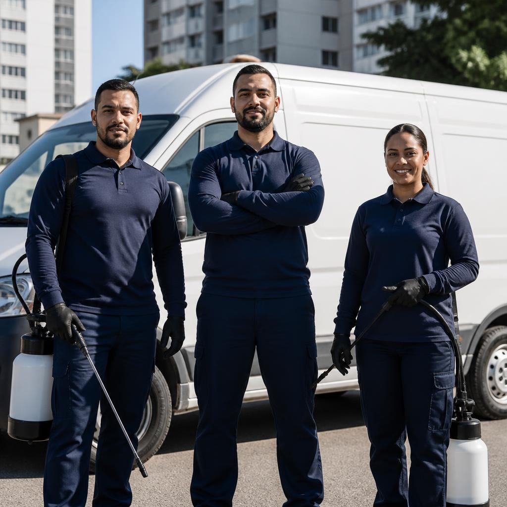 Equipe técnica uniformizada antes de um atendimento