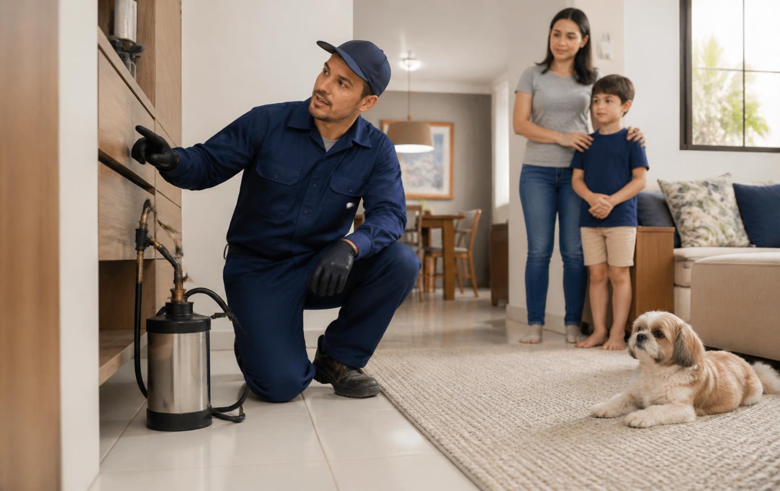 Técnico orientando moradores durante um atendimento residencial