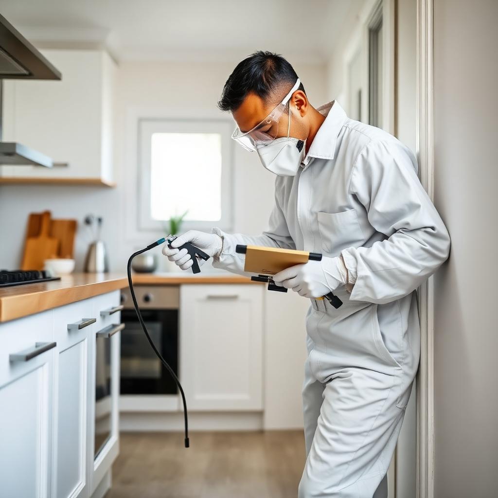 Técnico aplicando tratamento desinsetização em rodapés de cozinha